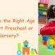 Child playing with learning blocks in a classroom illustrating the right age to start preschool or nursery