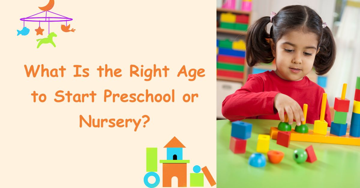 Child playing with learning blocks in a classroom illustrating the right age to start preschool or nursery