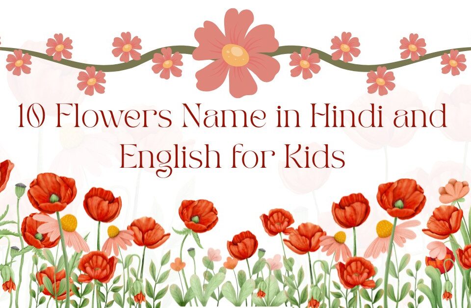 Colorful watercolor illustration of red poppies and pink flowers with the text 10 Flowers Name in Hindi and English for Kids