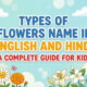 Colorful cartoon illustration of different flowers like rose, sunflower, lotus, tulip, and lily with the text “Types of Flowers Name in English and Hindi: A Complete Guide for Kids.”