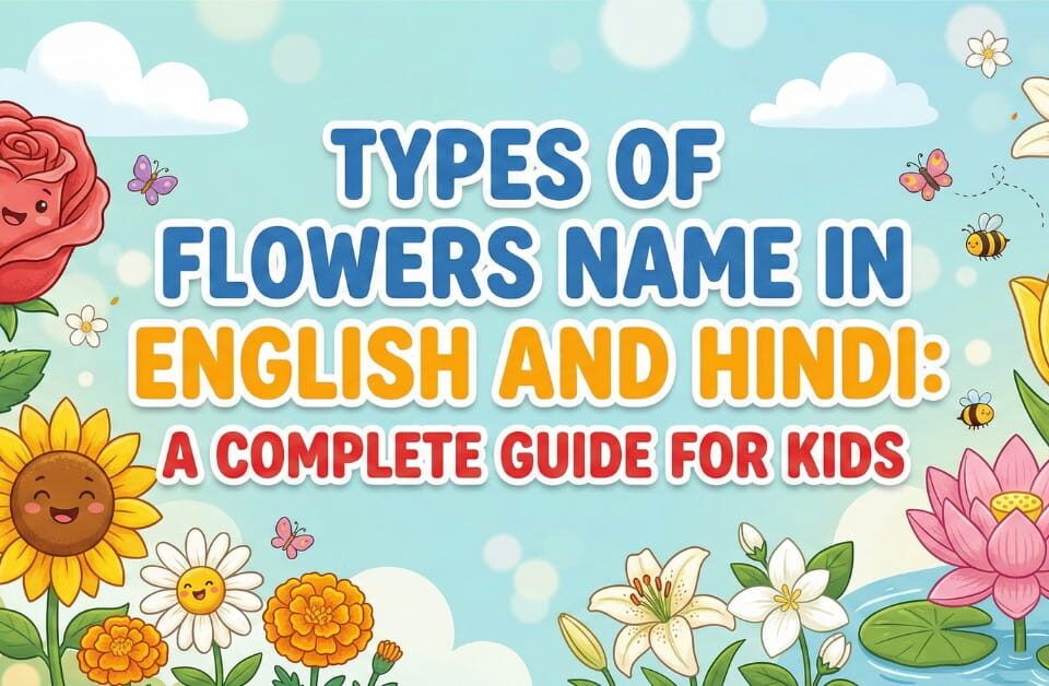 Colorful cartoon illustration of different flowers like rose, sunflower, lotus, tulip, and lily with the text “Types of Flowers Name in English and Hindi: A Complete Guide for Kids.”