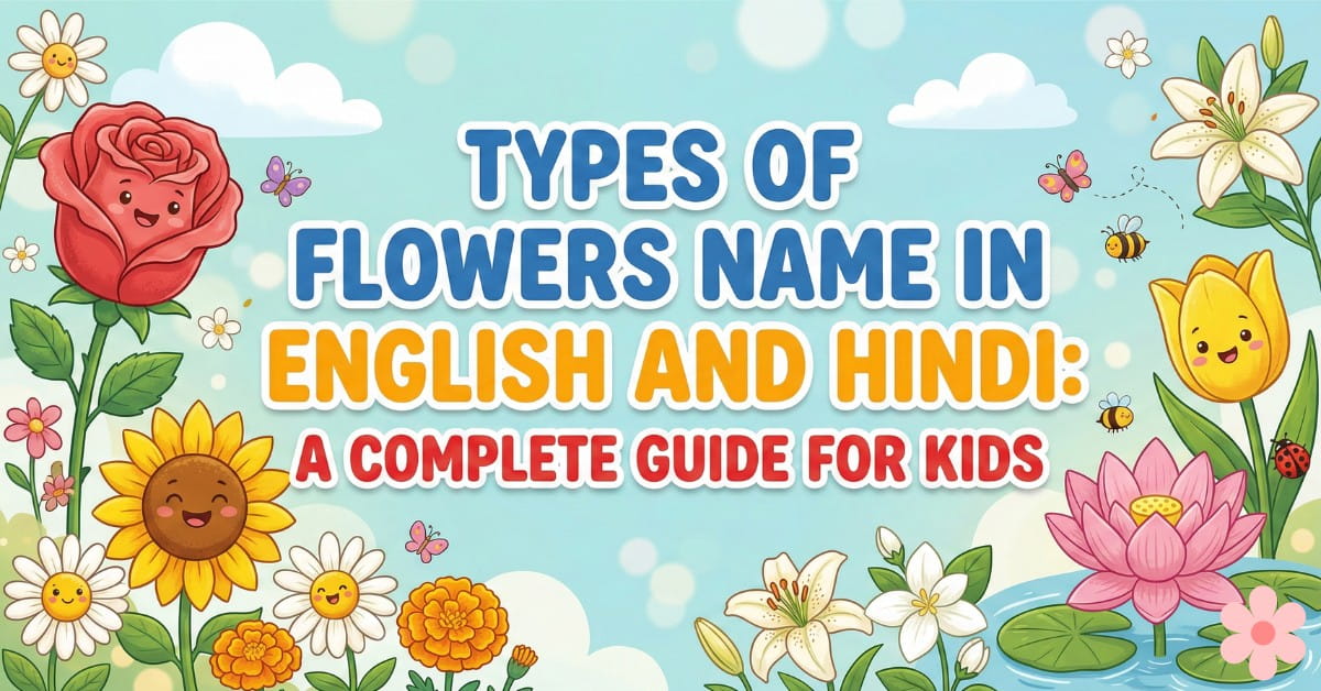 Colorful cartoon illustration of different flowers like rose, sunflower, lotus, tulip, and lily with the text “Types of Flowers Name in English and Hindi: A Complete Guide for Kids.”