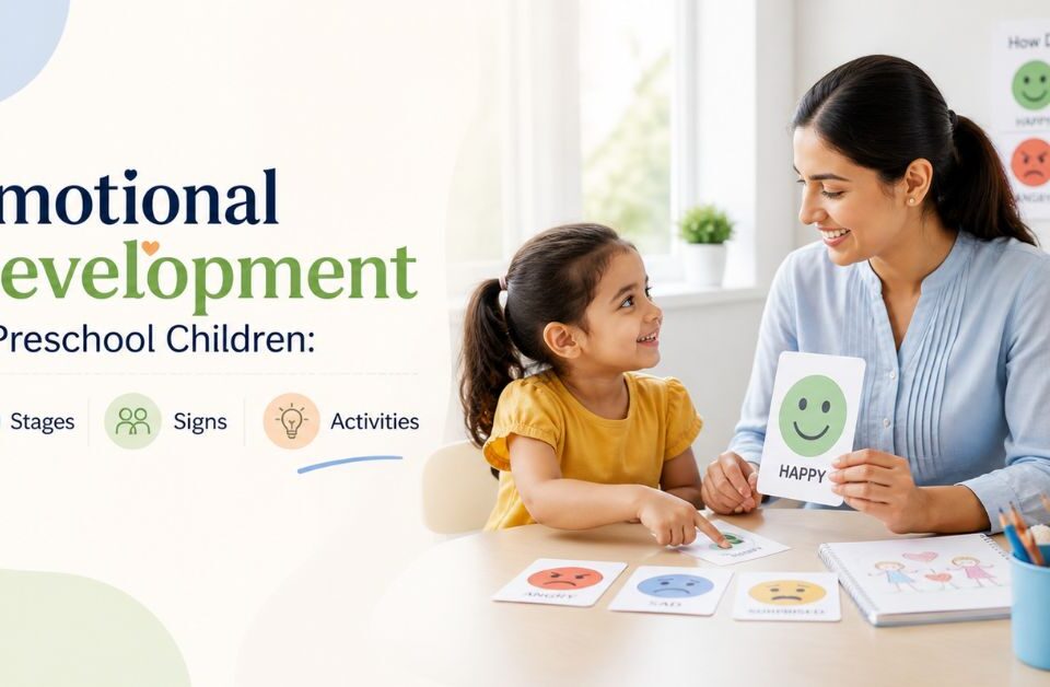 Teacher helping preschool child learn emotions using flashcards in a clean classroom environment, representing emotional development in early childhood