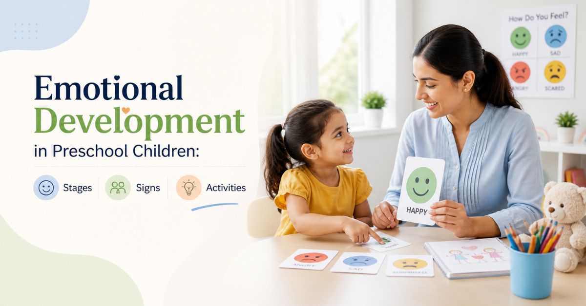 Teacher helping preschool child learn emotions using flashcards in a clean classroom environment, representing emotional development in early childhood