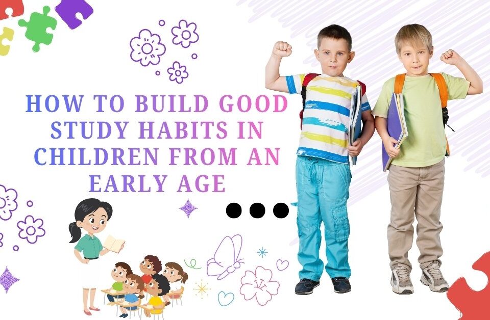 Two young schoolboys with backpacks and books smiling confidently next to educational illustrations about developing study habits in children