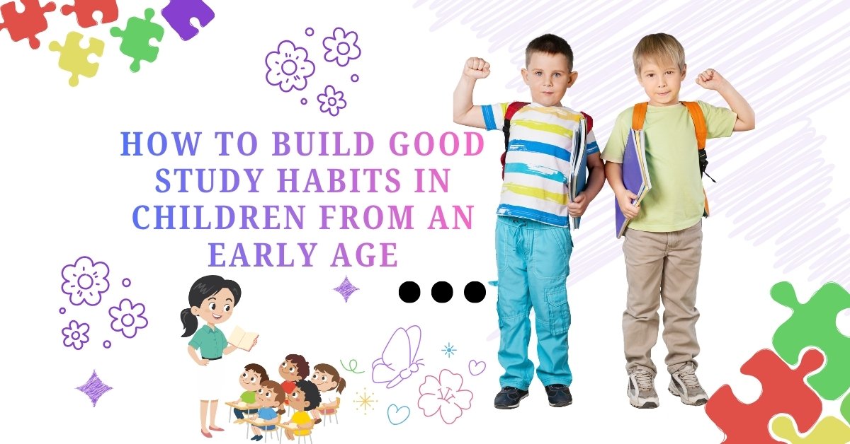 Two young schoolboys with backpacks and books smiling confidently next to educational illustrations about developing study habits in children