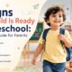 Happy preschool child entering a colorful classroom with teacher, educational toys, and preschool readiness checklist for parents