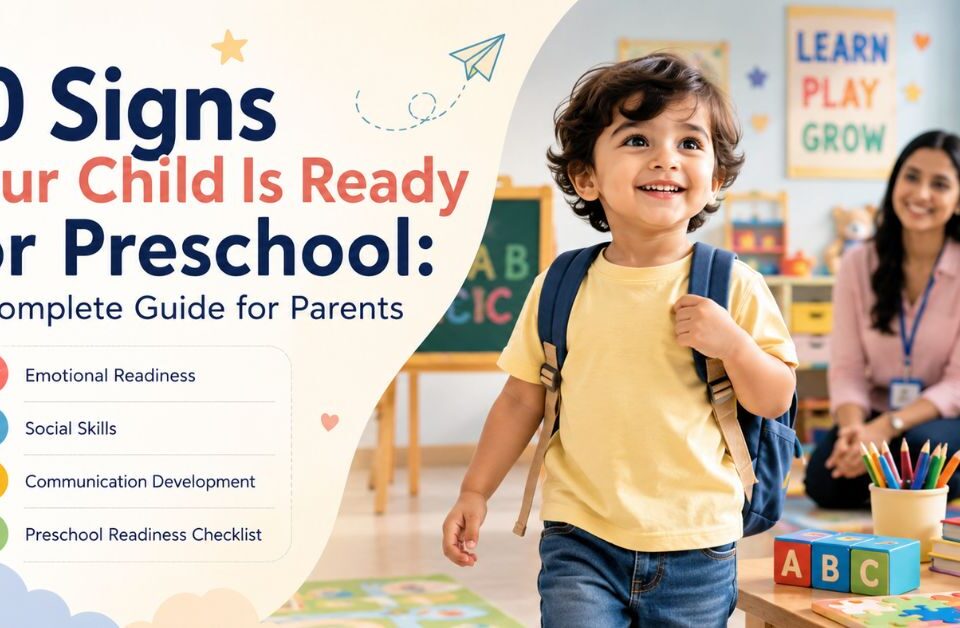 Happy preschool child entering a colorful classroom with teacher, educational toys, and preschool readiness checklist for parents