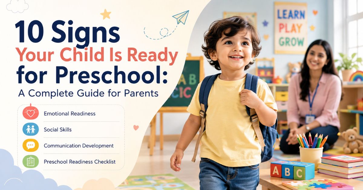 Happy preschool child entering a colorful classroom with teacher, educational toys, and preschool readiness checklist for parents