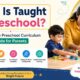 What is taught in preschool curriculum guide showing children learning language, math, creativity, motor skills and social-emotional skills.