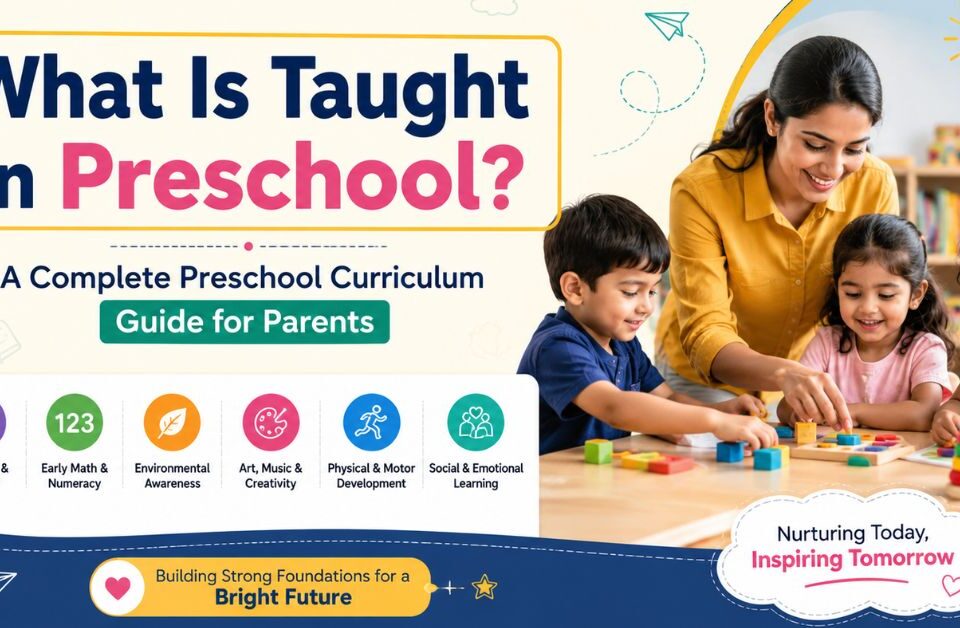 What is taught in preschool curriculum guide showing children learning language, math, creativity, motor skills and social-emotional skills.