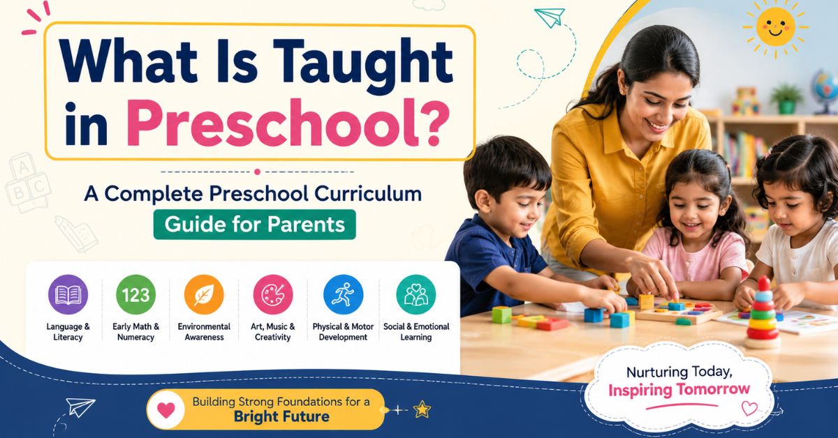 What is taught in preschool curriculum guide showing children learning language, math, creativity, motor skills and social-emotional skills.